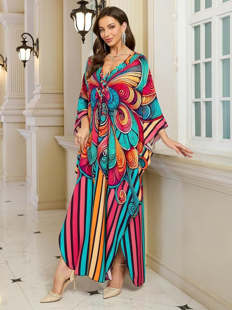KEYLORTING Women’s Kaftan Beach Cover Up Dress Plus Size Summer Swimsuit Loungewear Maxi Dress - Image 5